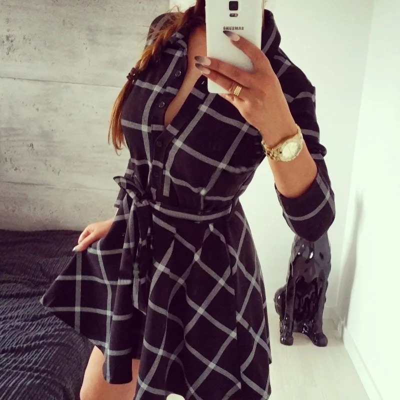 Autumn Winter Women Casual Dress Plaid Print Shirt Dress High Waist Casual Slim Dress Vestidos With Belt Dress Elegant Dresses - Image 4