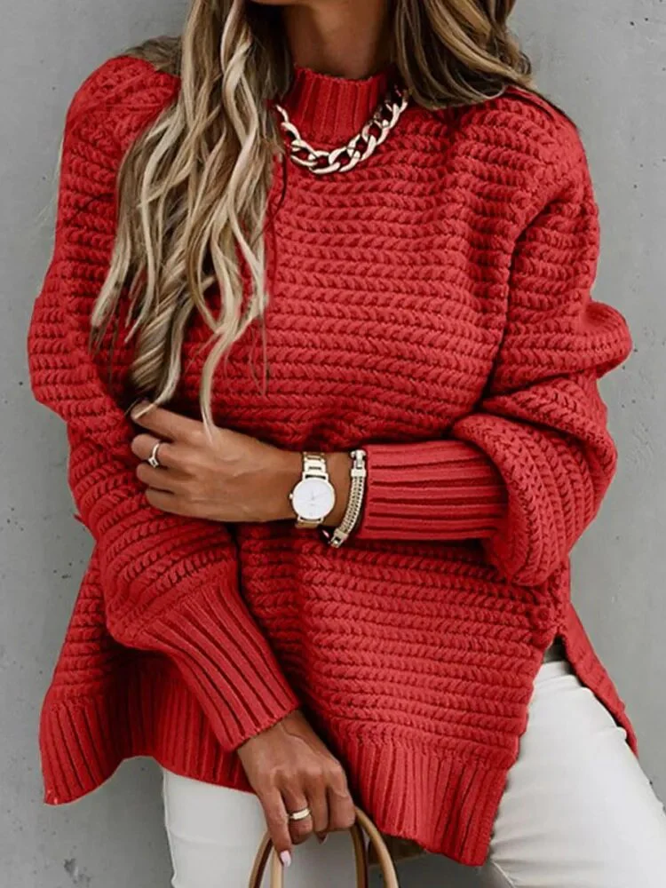 Autumn Winter Women Knitted Sweater Mock Neck Casual Loose Basic Pullovers Warm Elegant Solid Batwing Sleeve Side Split Tops - Image 2