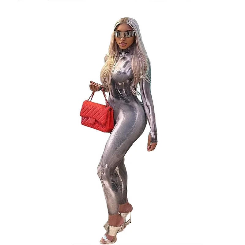 Autumn Women Ankle-Length Streetwear Milk Silk Jumpsuit K23Q35238 Hipster Girl Mock Neck Body Print One Piece Slim Overall - Image 5