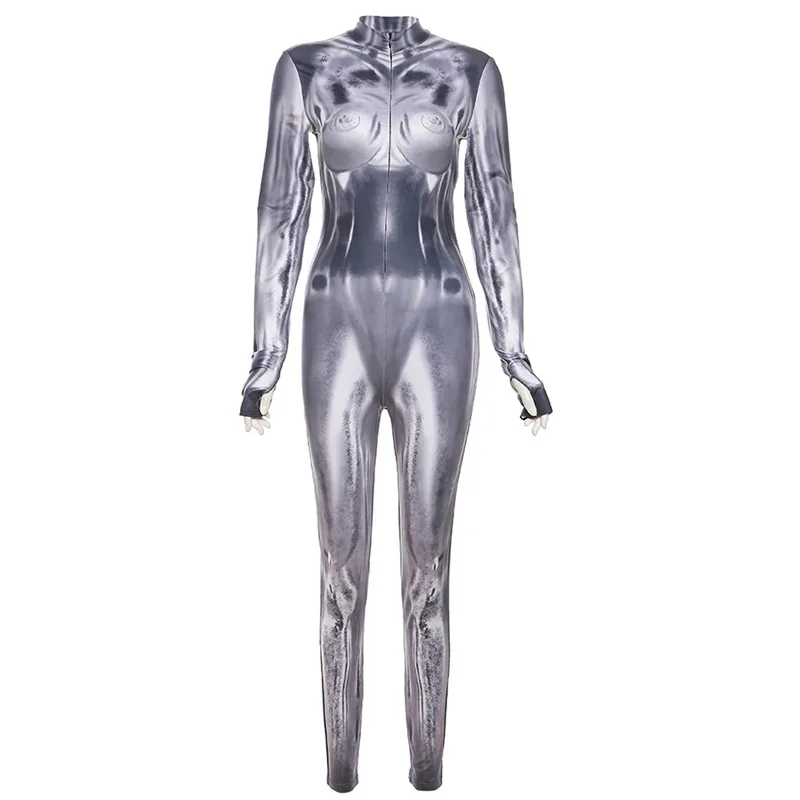 Autumn Women Ankle-Length Streetwear Milk Silk Jumpsuit K23Q35238 Hipster Girl Mock Neck Body Print One Piece Slim Overall - Image 6