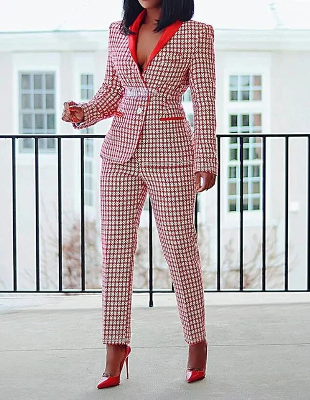Autumn Women's Blazers and Pants Set 2023 Elegant Plaid Print Shawl Collar Buttoned Long Sleeved Suit Coat & Trousers Female - Image 5
