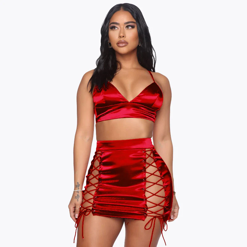 BA686 Hot sexy solid color club wear trending summer hollow out lace up two piece bra & brief sets - Image 2