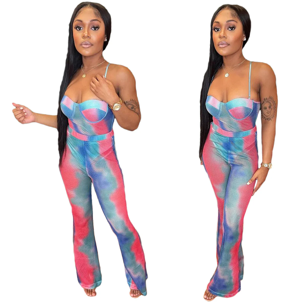 BA697 2022 Spring new arrival fashion Summer cute 2 piece pants tie dye jumpsuit sets women boho - Image 3