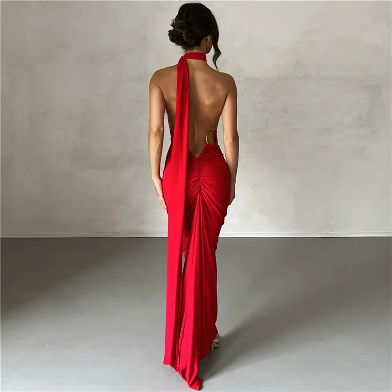 Backless Oblique Shoulder Maxi Dress for Women Back Ruched Strap Sleeveless Elegant Gown Long Dress Vestidos Party Clubwear - Image 10