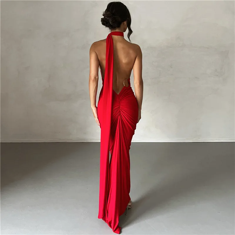 Backless Oblique Shoulder Maxi Dress for Women Back Ruched Strap Sleeveless Elegant Gown Long Dress Vestidos Party Clubwear - Image 5
