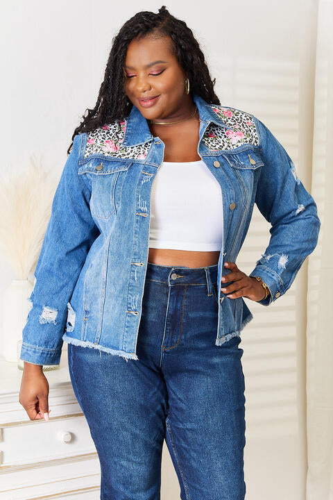 Baeful Leopard Floral Distressed Raw Hem Denim Jacket - Image 6