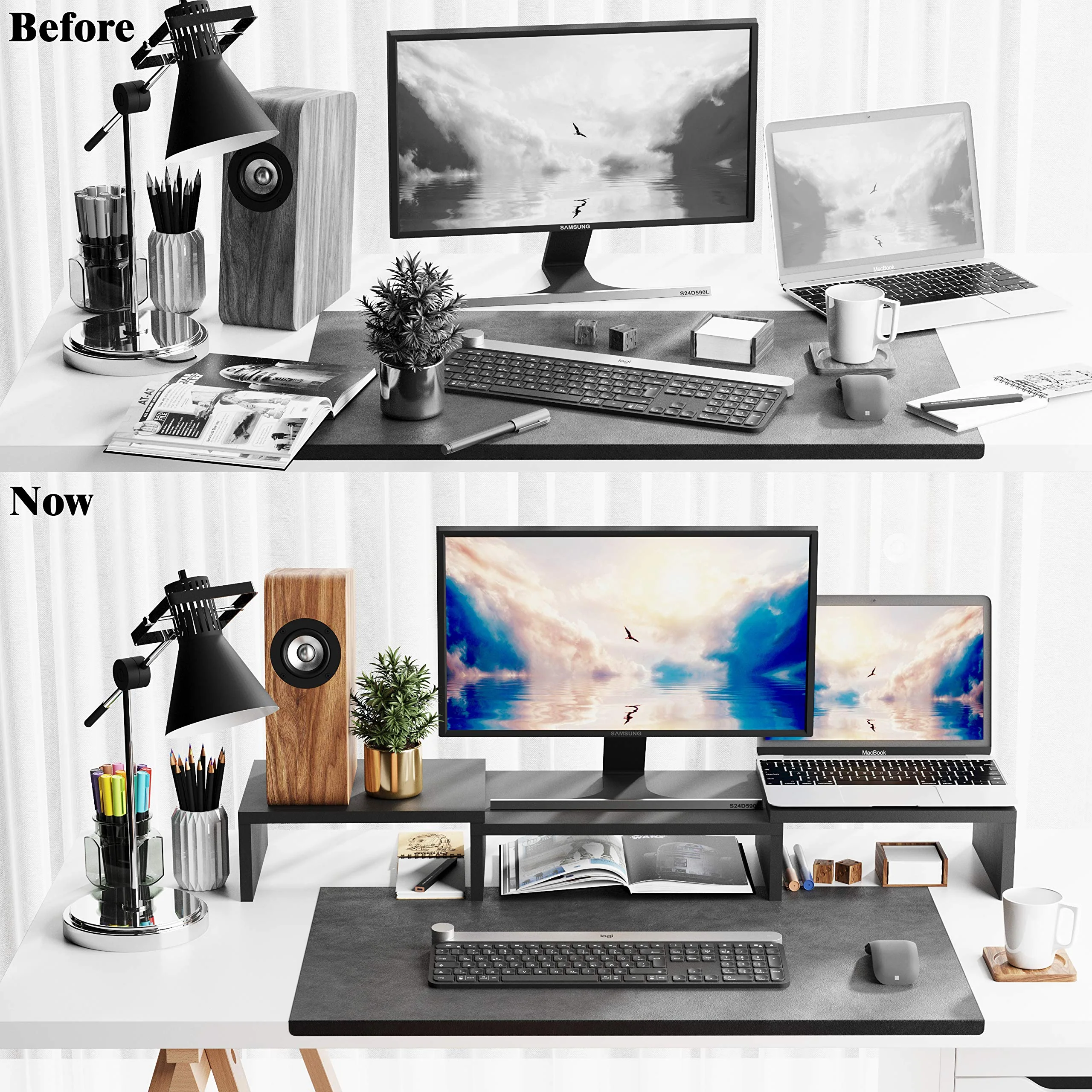BAMEOS Monitor Stand Computer Riser Desk Organizer Stand Desktop Printer Stand for Laptop Computer Storage Shelf & Screen Holder (Sector-Dual) - Image 5