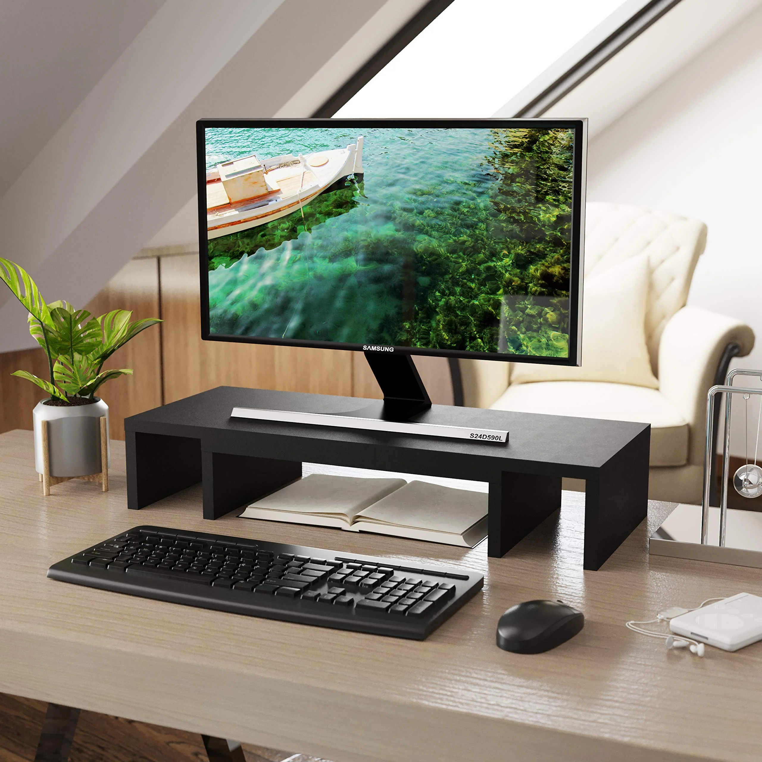 BAMEOS Monitor Stand Computer Riser Desk Organizer Stand Desktop Printer Stand for Laptop Computer Storage Shelf & Screen Holder (Sector-Dual) - Image 6