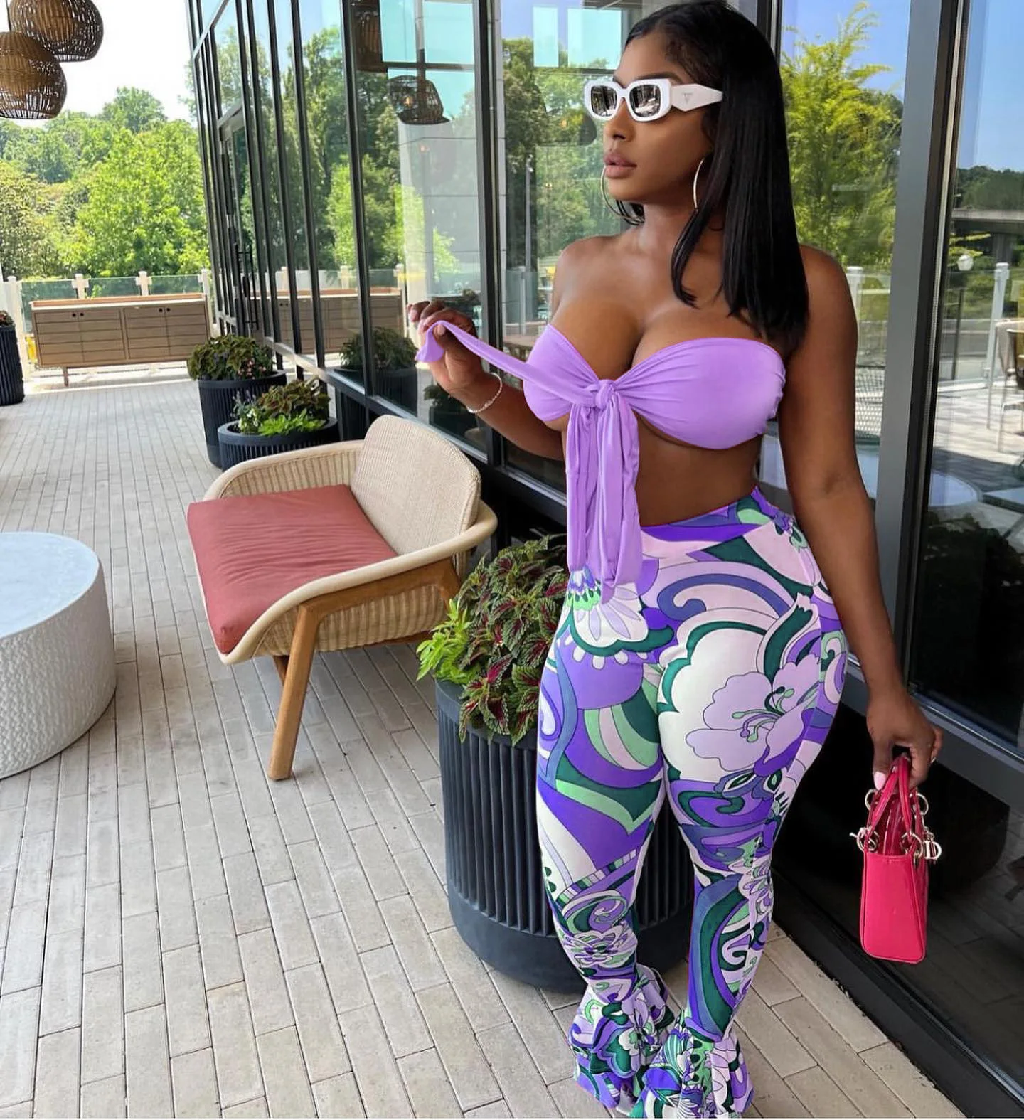 Bandage Two Piece Set Women Outfits Sexy Lace Up Tube Crop Top + Prints Flare Pants Skinny Club Sets Summer Casual Tracksuit y2k - Image 5