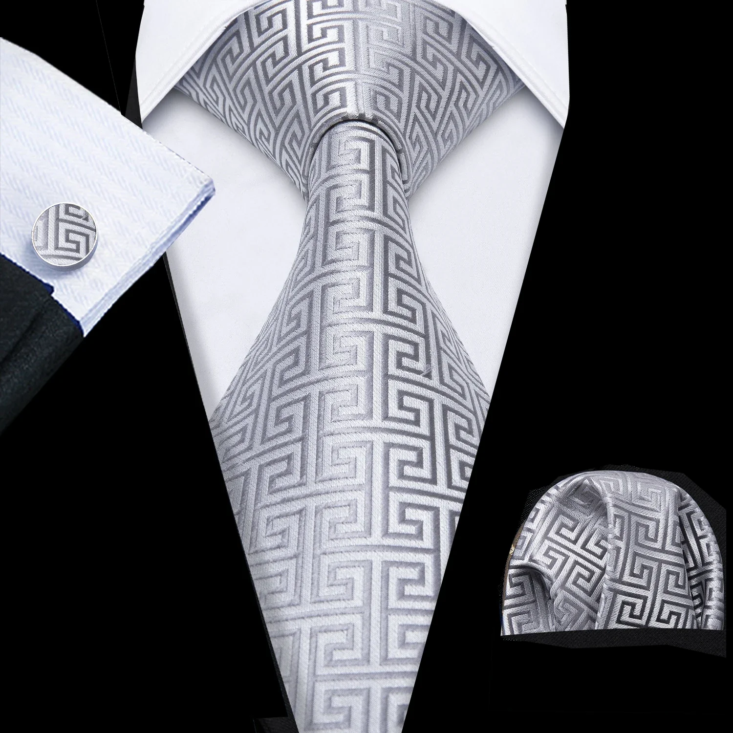 Barry.Wang Black White Gray Silver Men Tie Handkerchief Cufflinks Set Jacquard Necktie for Male Wedding Business Party Gift - Image 11