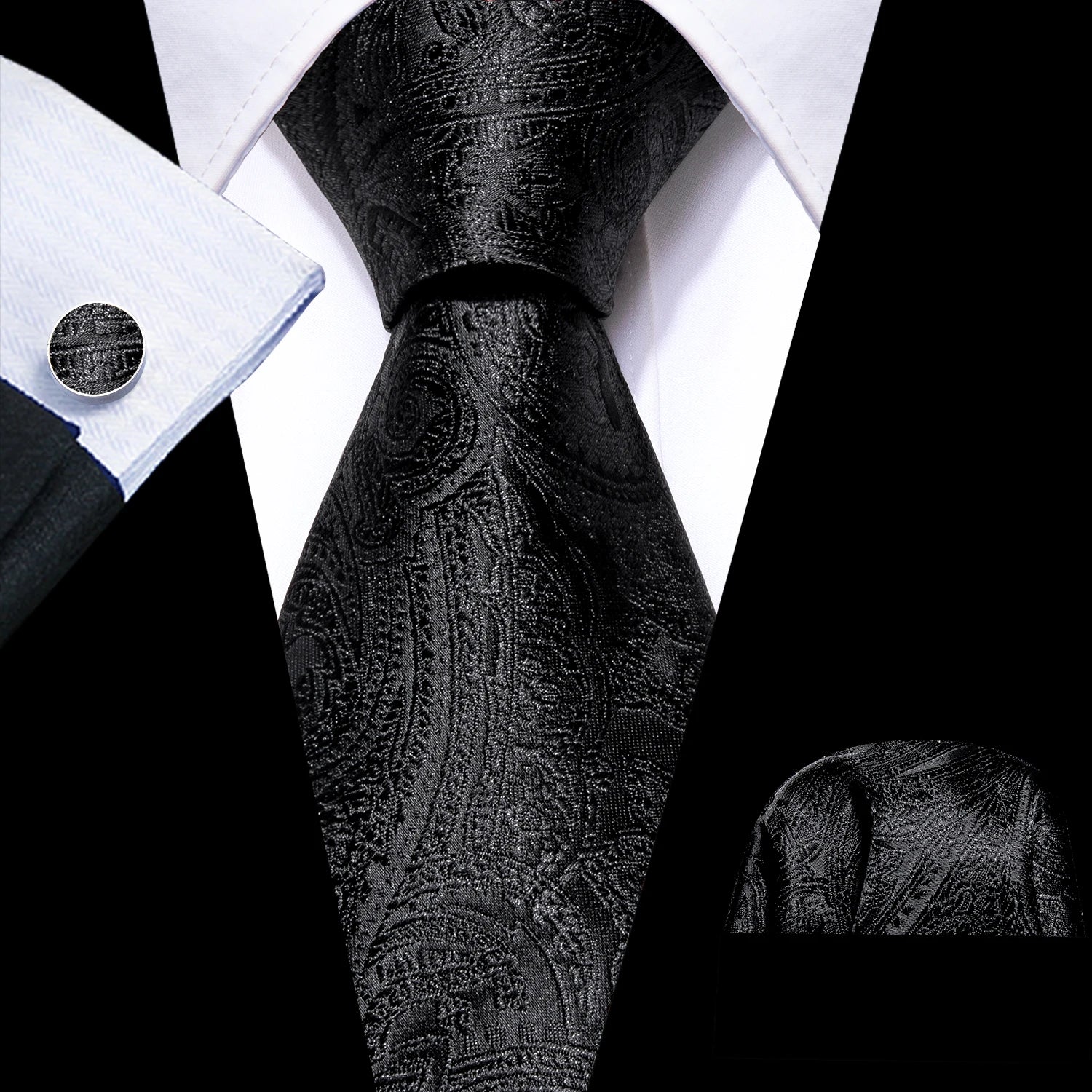 Barry.Wang Black White Gray Silver Men Tie Handkerchief Cufflinks Set Jacquard Necktie for Male Wedding Business Party Gift - Image 12
