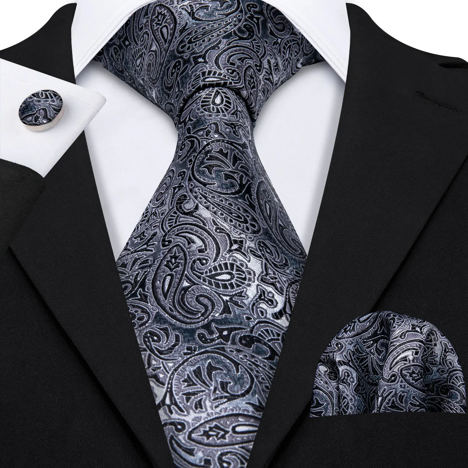 Barry.Wang Black White Gray Silver Men Tie Handkerchief Cufflinks Set Jacquard Necktie for Male Wedding Business Party Gift - Image 13