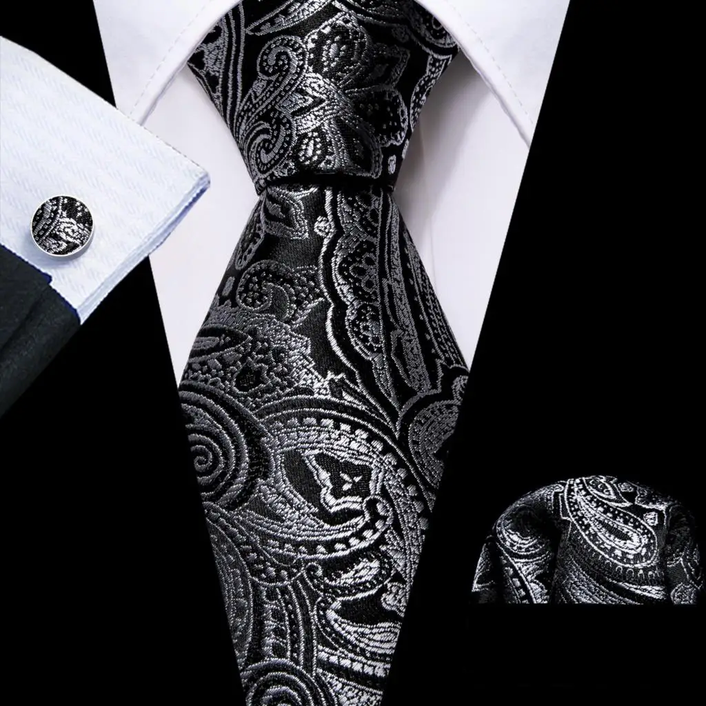 Barry.Wang Black White Gray Silver Men Tie Handkerchief Cufflinks Set Jacquard Necktie for Male Wedding Business Party Gift - Image 16