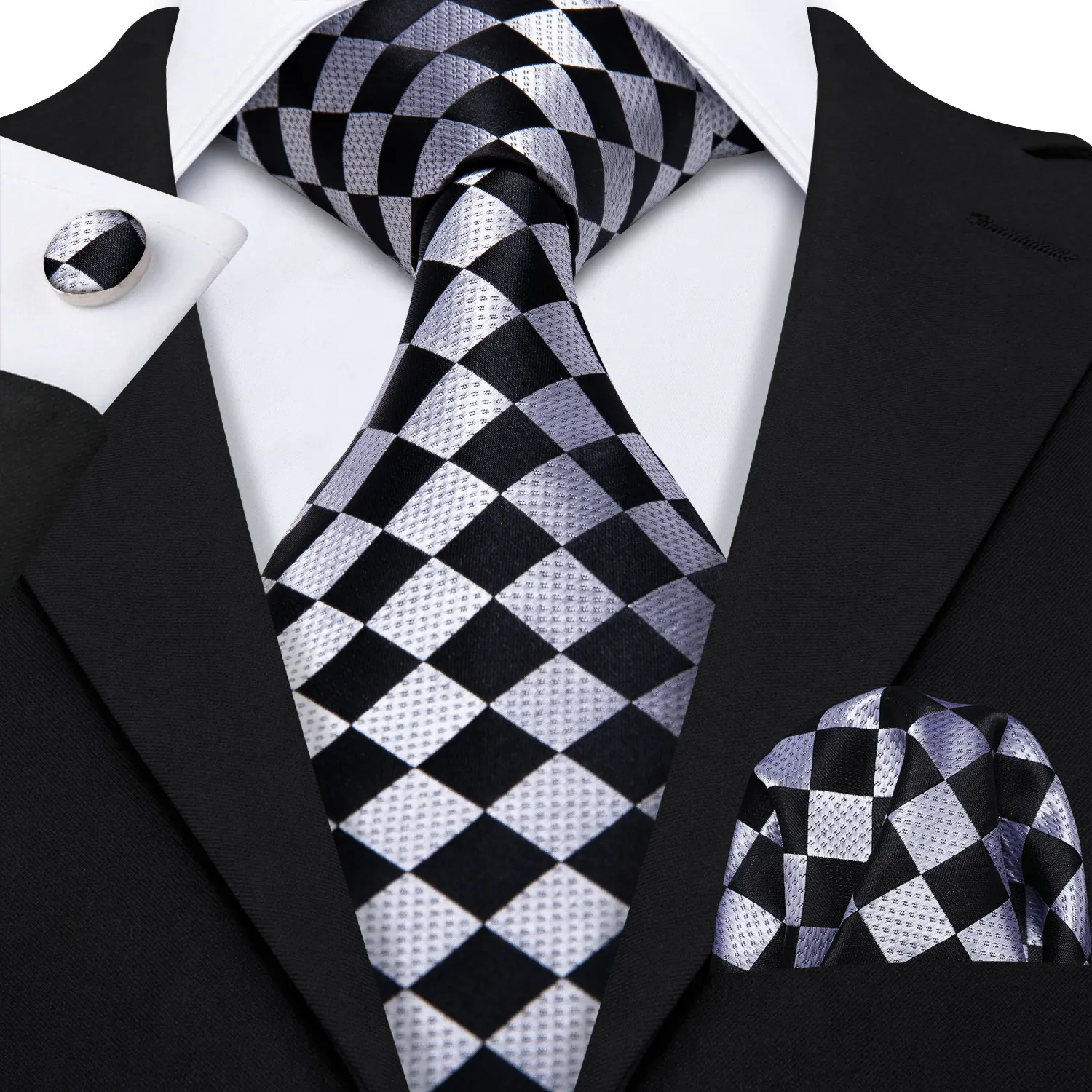 Barry.Wang Black White Gray Silver Men Tie Handkerchief Cufflinks Set Jacquard Necktie for Male Wedding Business Party Gift - Image 17