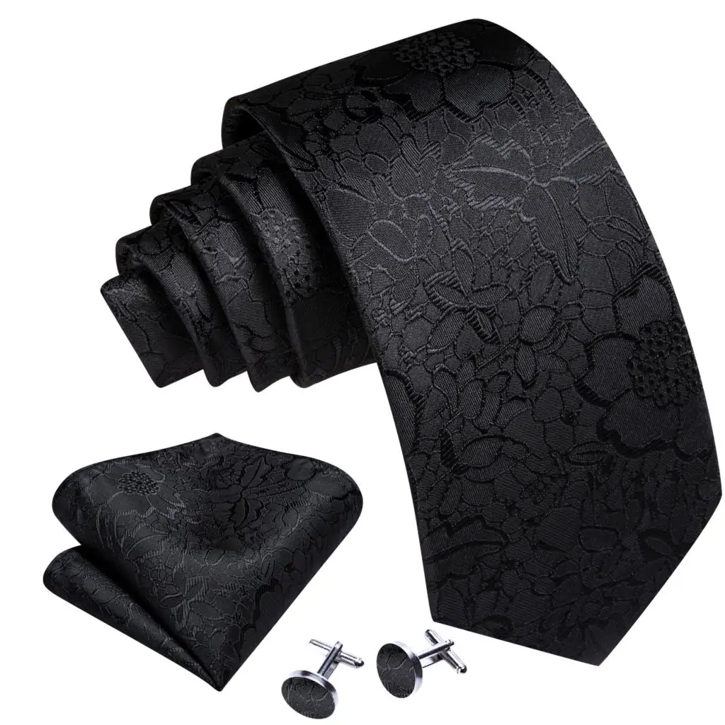 Barry.Wang Black White Gray Silver Men Tie Handkerchief Cufflinks Set Jacquard Necktie for Male Wedding Business Party Gift - Image 2