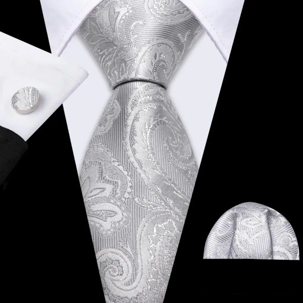 Barry.Wang Black White Gray Silver Men Tie Handkerchief Cufflinks Set Jacquard Necktie for Male Wedding Business Party Gift - Image 22