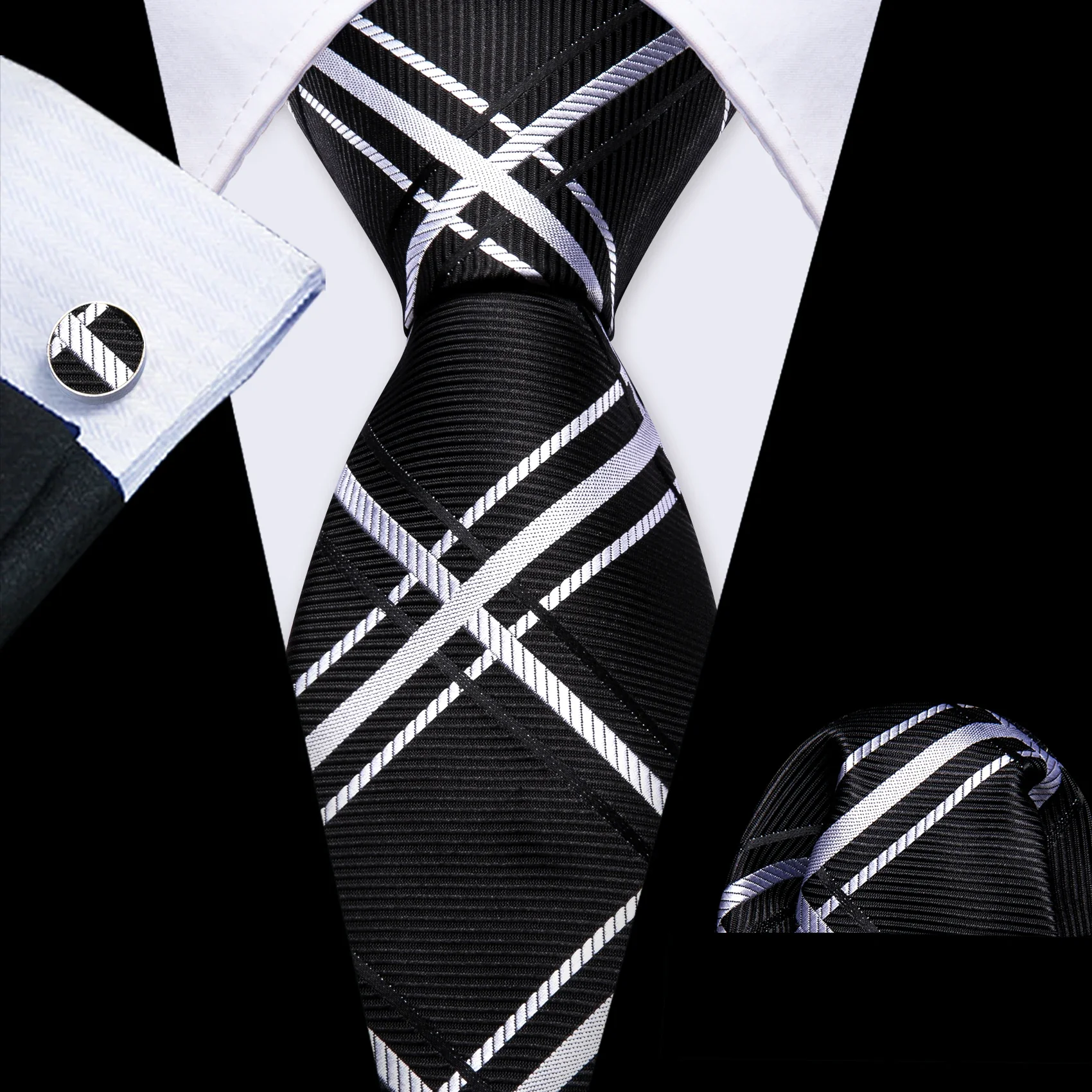 Barry.Wang Black White Gray Silver Men Tie Handkerchief Cufflinks Set Jacquard Necktie for Male Wedding Business Party Gift - Image 25