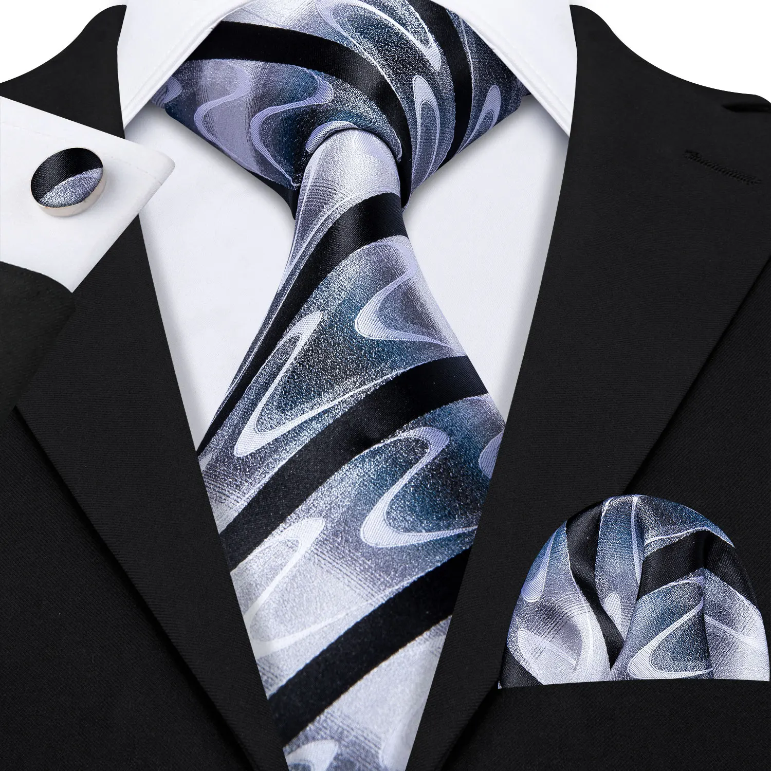 Barry.Wang Black White Gray Silver Men Tie Handkerchief Cufflinks Set Jacquard Necktie for Male Wedding Business Party Gift - Image 27
