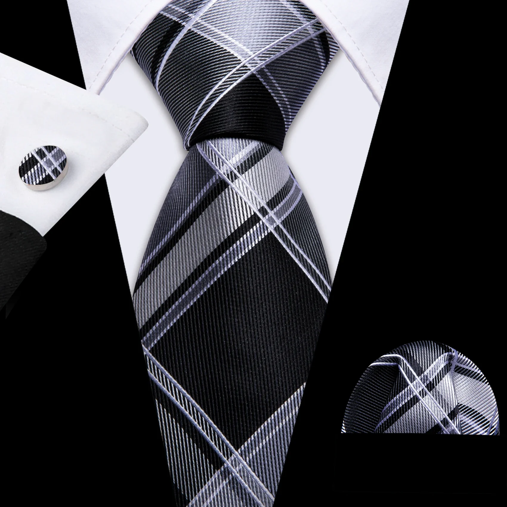 Barry.Wang Black White Gray Silver Men Tie Handkerchief Cufflinks Set Jacquard Necktie for Male Wedding Business Party Gift - Image 32