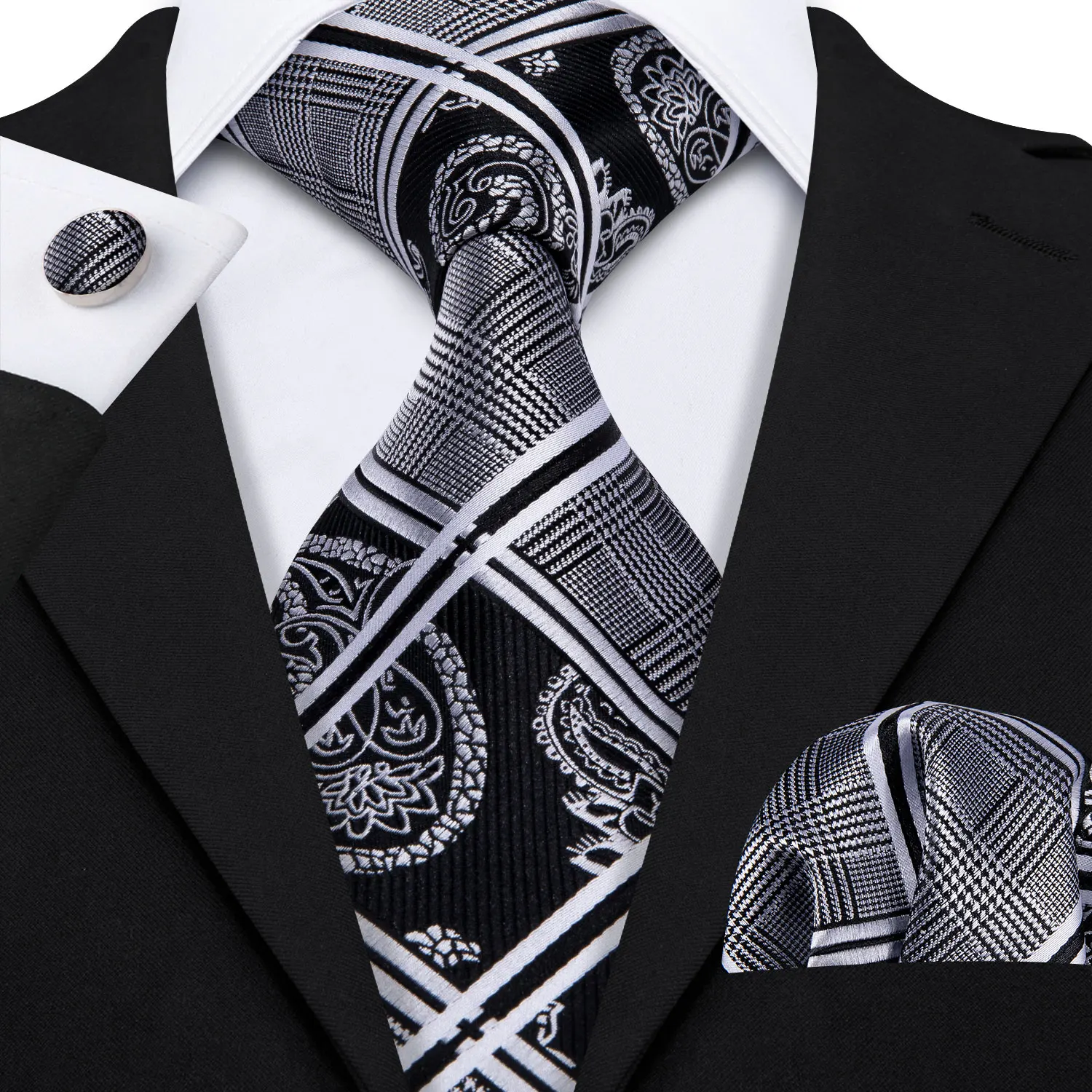 Barry.Wang Black White Gray Silver Men Tie Handkerchief Cufflinks Set Jacquard Necktie for Male Wedding Business Party Gift - Image 34