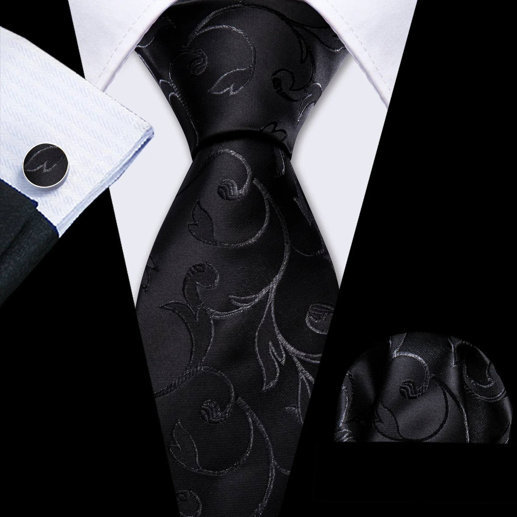 Barry.Wang Black White Gray Silver Men Tie Handkerchief Cufflinks Set Jacquard Necktie for Male Wedding Business Party Gift - Image 39