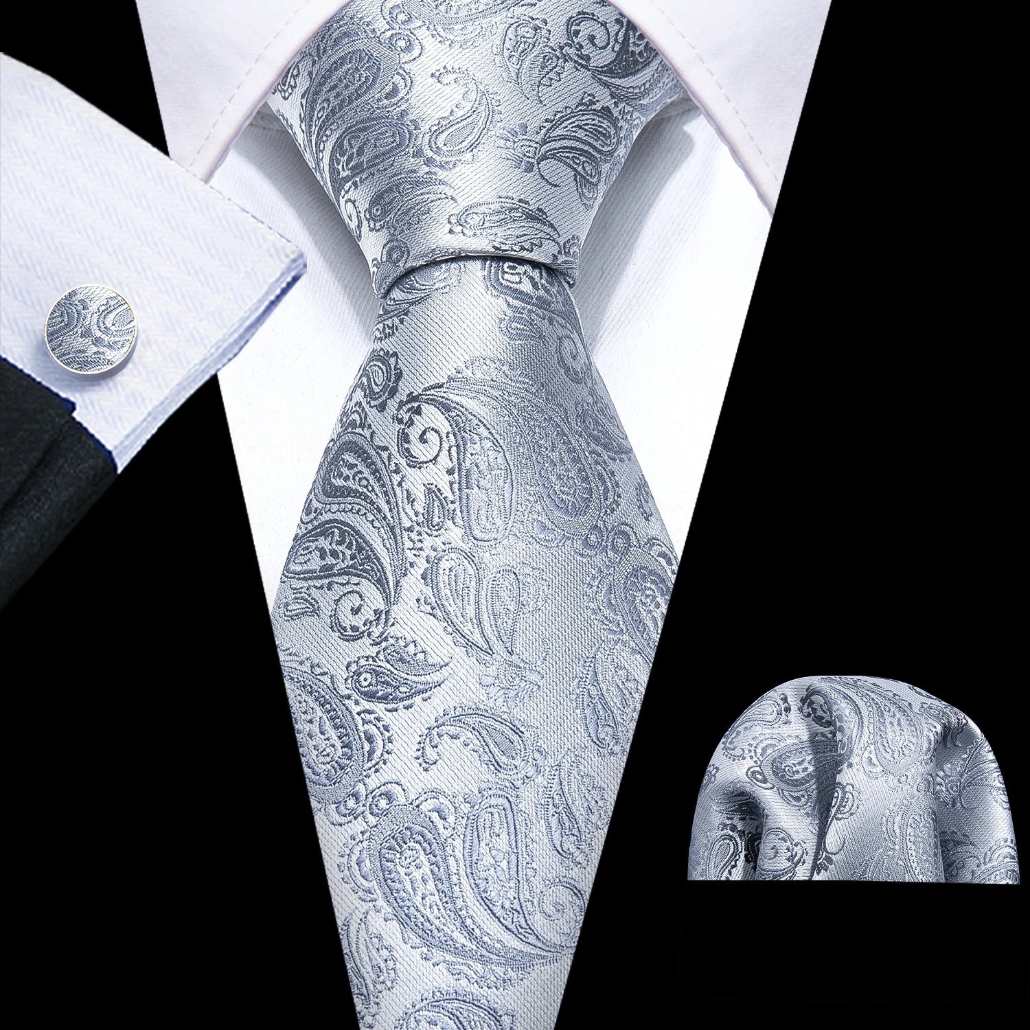 Barry.Wang Black White Gray Silver Men Tie Handkerchief Cufflinks Set Jacquard Necktie for Male Wedding Business Party Gift - Image 42