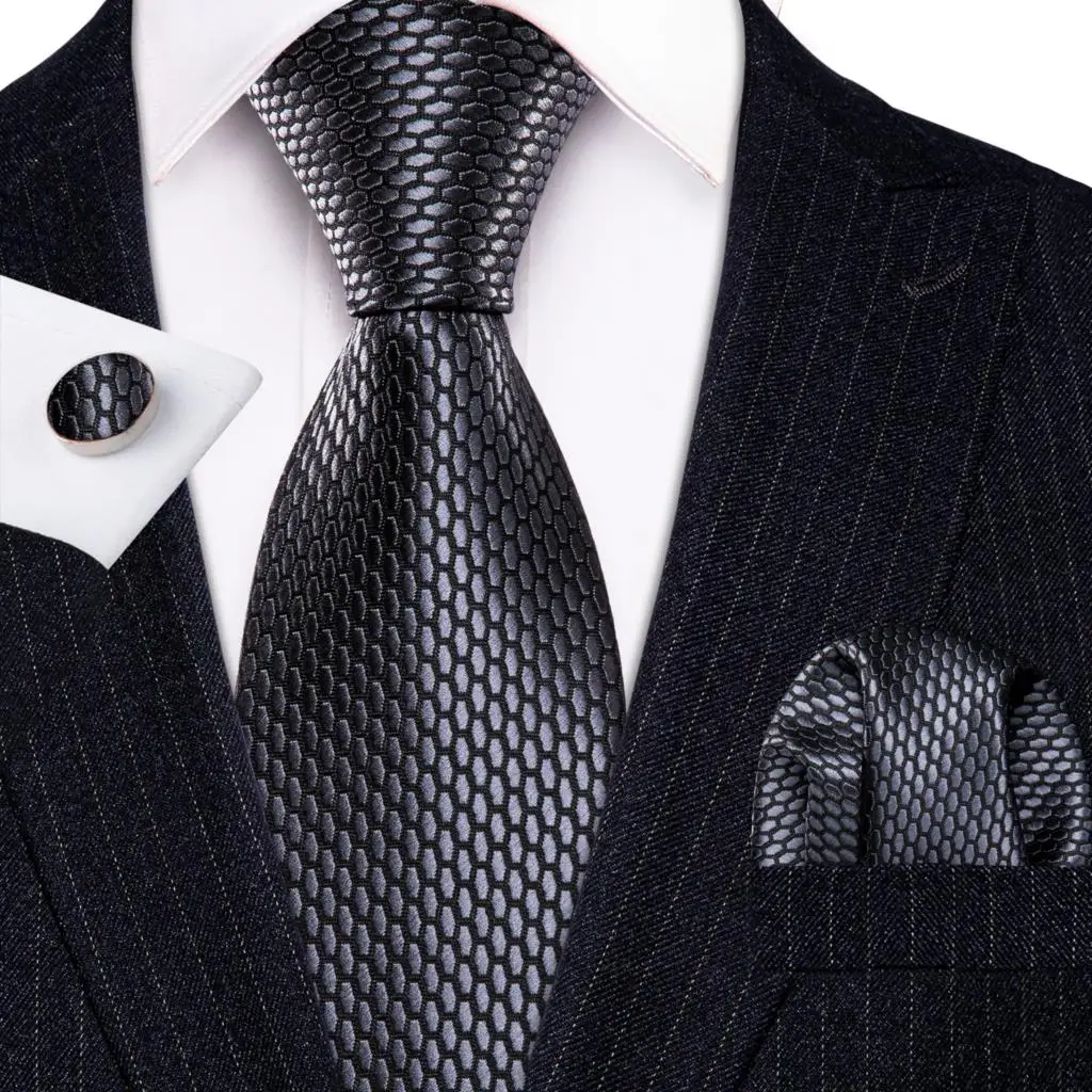 Barry.Wang Black White Gray Silver Men Tie Handkerchief Cufflinks Set Jacquard Necktie for Male Wedding Business Party Gift - Image 47