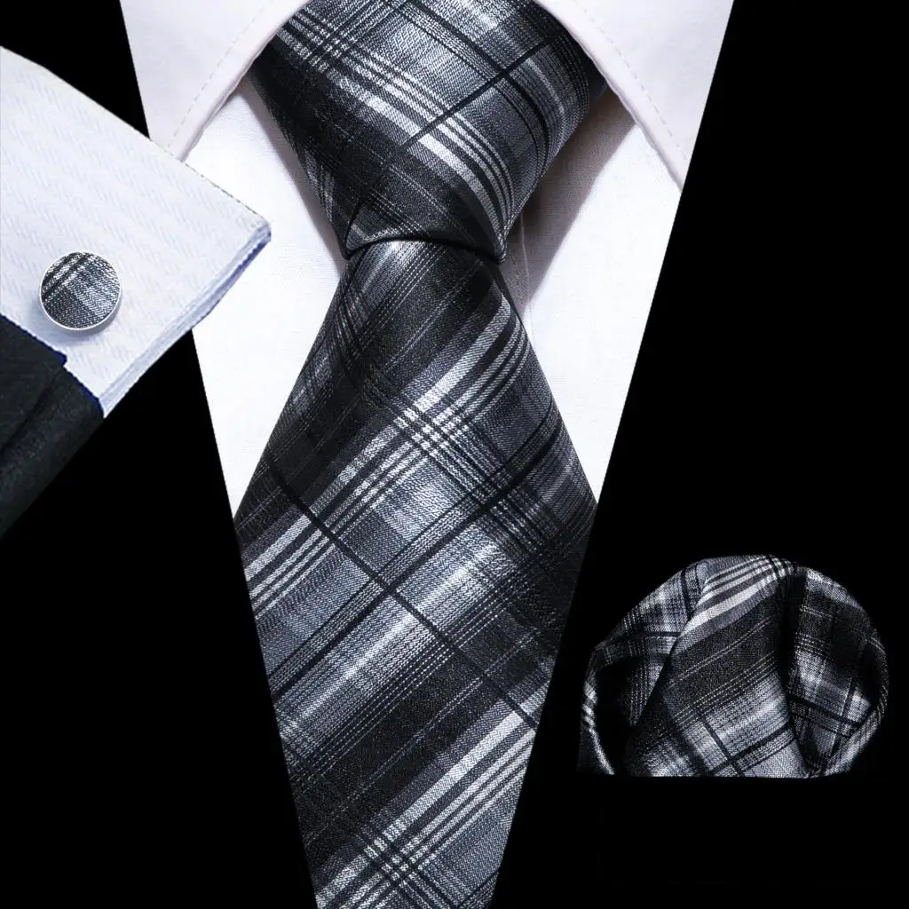 Barry.Wang Black White Gray Silver Men Tie Handkerchief Cufflinks Set Jacquard Necktie for Male Wedding Business Party Gift - Image 49
