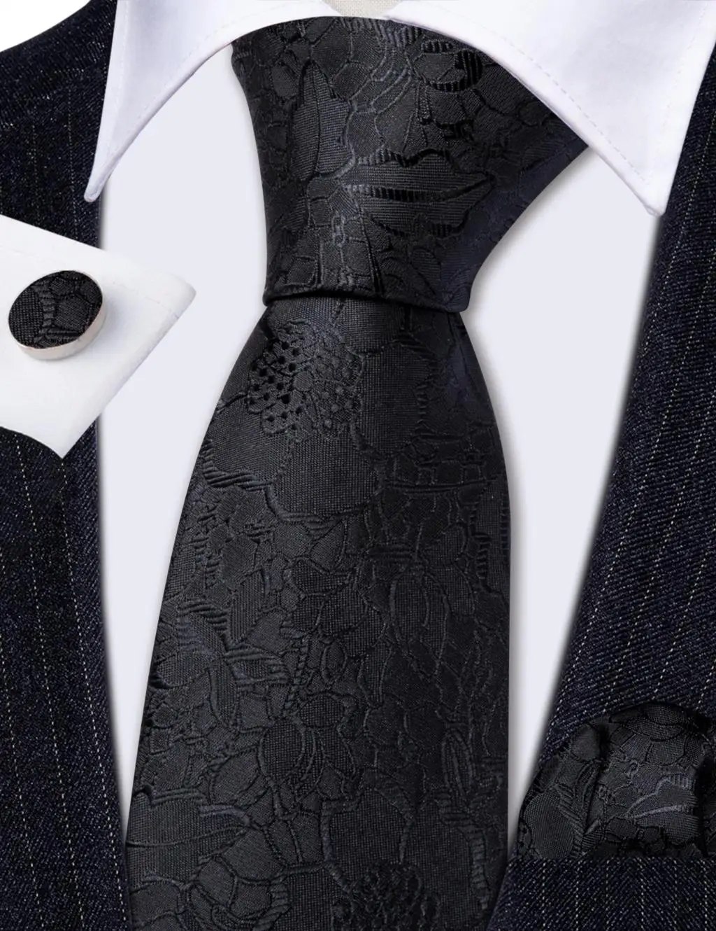 Barry.Wang Black White Gray Silver Men Tie Handkerchief Cufflinks Set Jacquard Necktie for Male Wedding Business Party Gift - Image 5