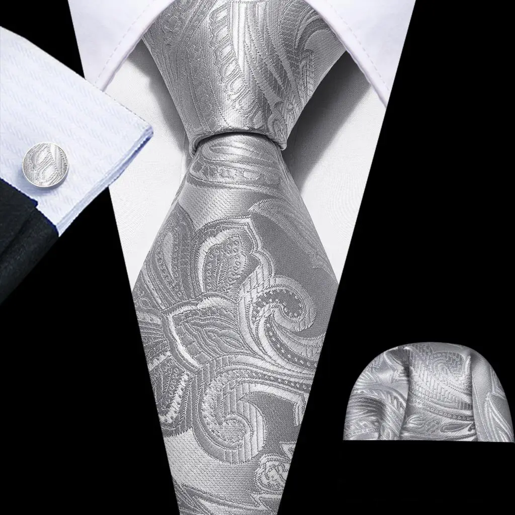 Barry.Wang Black White Gray Silver Men Tie Handkerchief Cufflinks Set Jacquard Necktie for Male Wedding Business Party Gift - Image 56