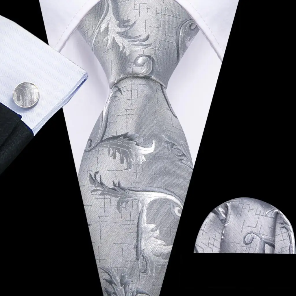 Barry.Wang Black White Gray Silver Men Tie Handkerchief Cufflinks Set Jacquard Necktie for Male Wedding Business Party Gift - Image 57