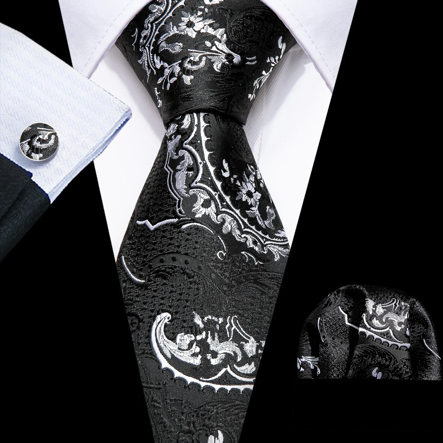 Barry.Wang Black White Gray Silver Men Tie Handkerchief Cufflinks Set Jacquard Necktie for Male Wedding Business Party Gift - Image 8