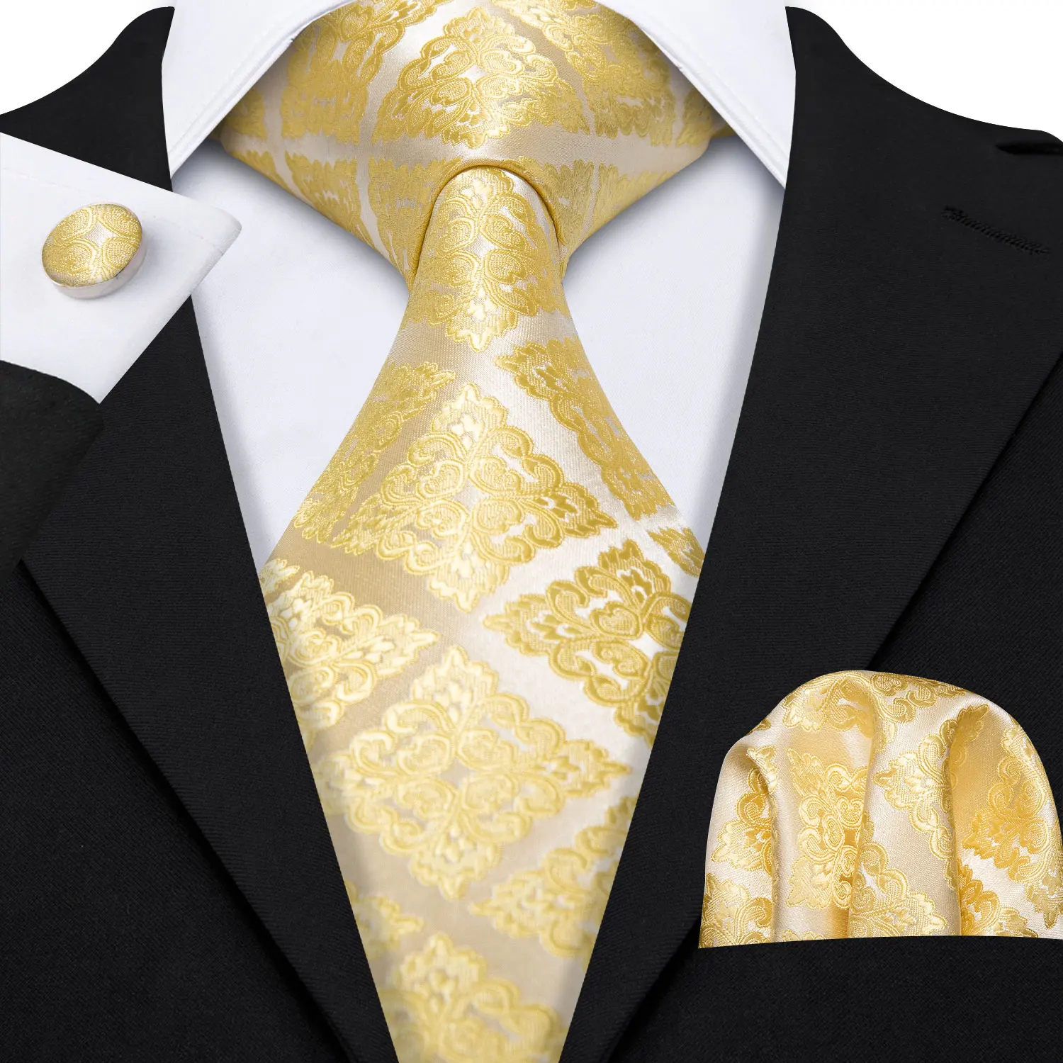 Barry.Wang Gold Silk Mens Tie Hanky Cufflinks Set Yellow Beige Orange Luxury Jacquard Necktie For Male Wedding Business Party - Image 101
