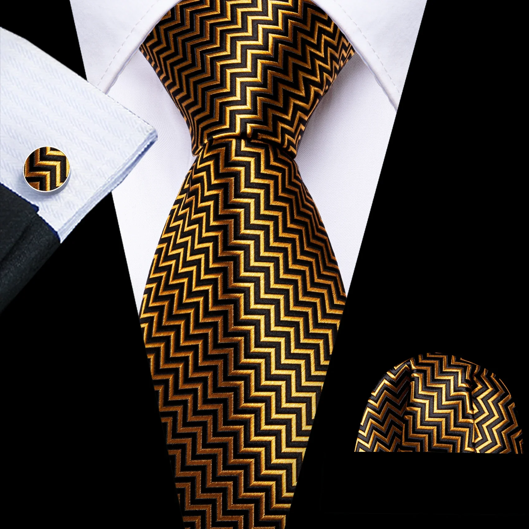 Barry.Wang Gold Silk Mens Tie Hanky Cufflinks Set Yellow Beige Orange Luxury Jacquard Necktie For Male Wedding Business Party - Image 109