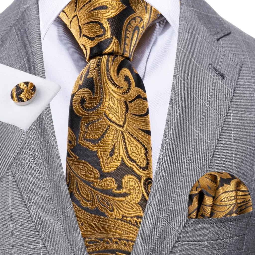 Barry.Wang Gold Silk Mens Tie Hanky Cufflinks Set Yellow Beige Orange Luxury Jacquard Necktie For Male Wedding Business Party - Image 13