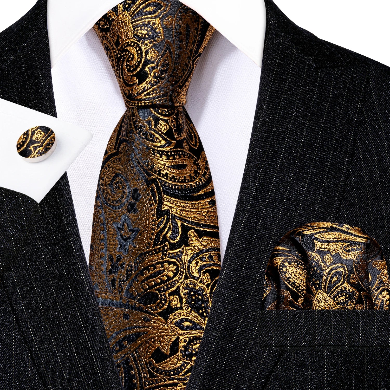 Barry.Wang Gold Silk Mens Tie Hanky Cufflinks Set Yellow Beige Orange Luxury Jacquard Necktie For Male Wedding Business Party - Image 47