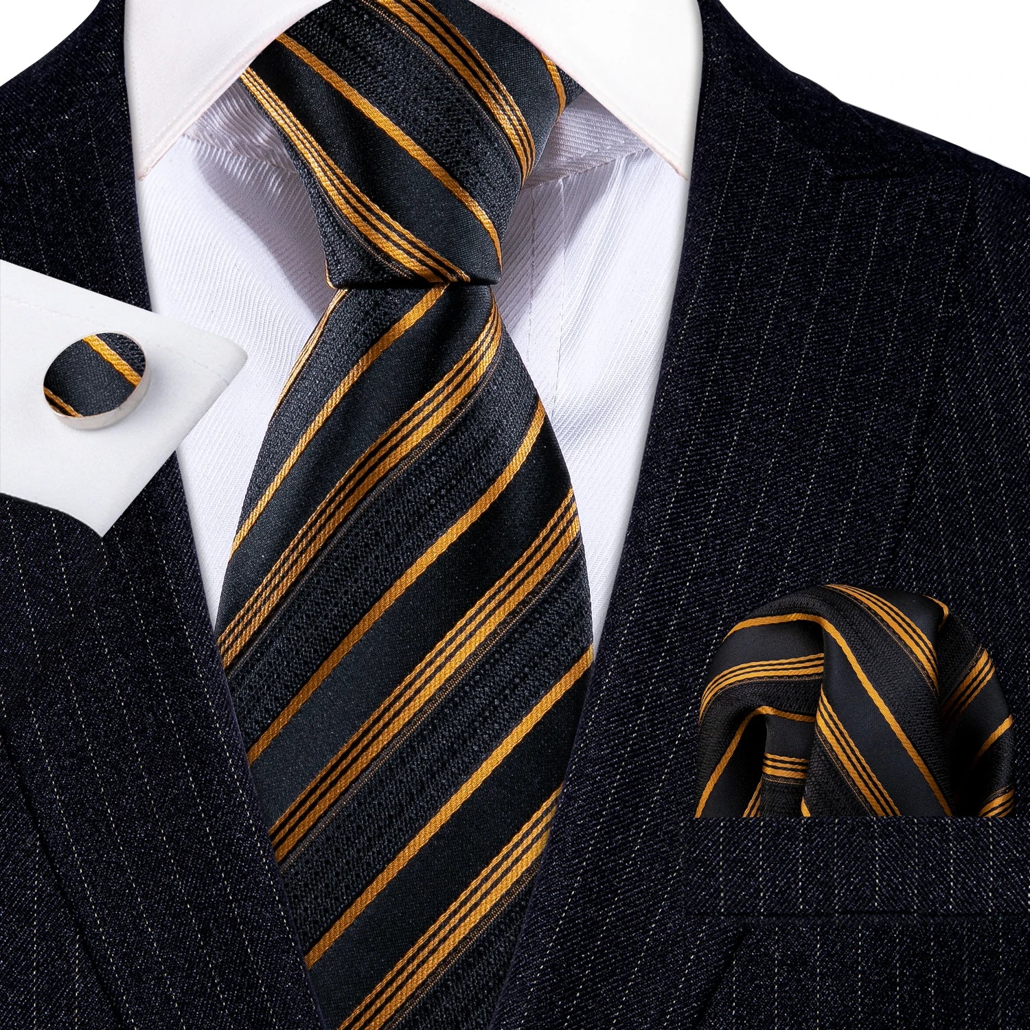 Barry.Wang Gold Silk Mens Tie Hanky Cufflinks Set Yellow Beige Orange Luxury Jacquard Necktie For Male Wedding Business Party - Image 53