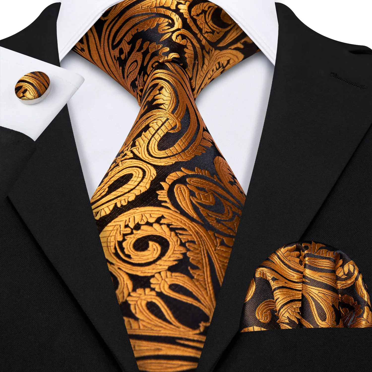 Barry.Wang Gold Silk Mens Tie Hanky Cufflinks Set Yellow Beige Orange Luxury Jacquard Necktie For Male Wedding Business Party - Image 54