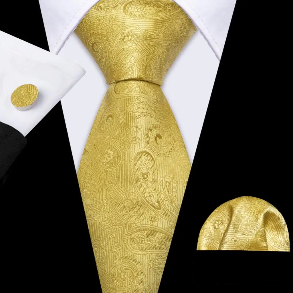 Barry.Wang Gold Silk Mens Tie Hanky Cufflinks Set Yellow Beige Orange Luxury Jacquard Necktie For Male Wedding Business Party - Image 57