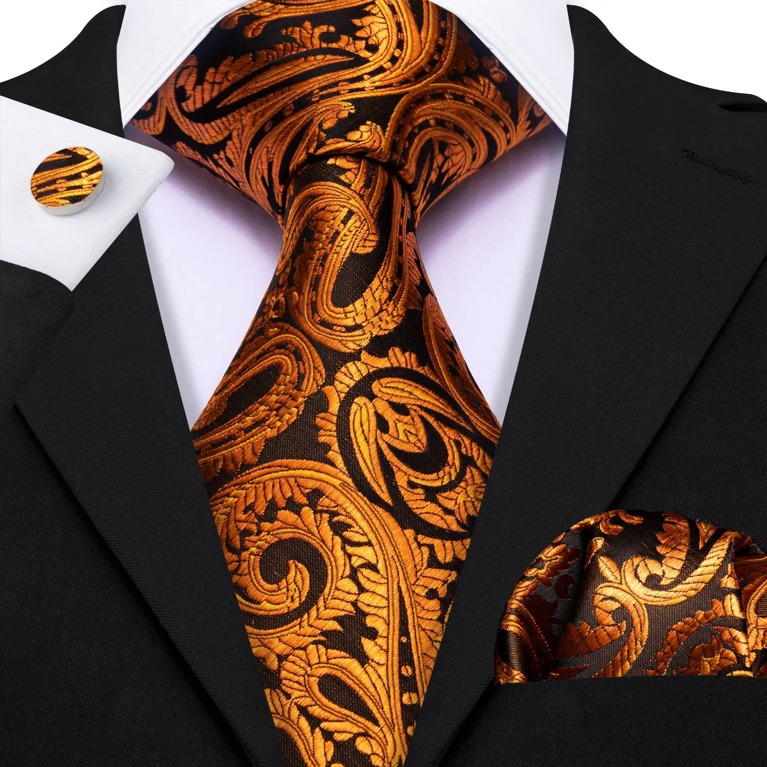 Barry.Wang Gold Silk Mens Tie Hanky Cufflinks Set Yellow Beige Orange Luxury Jacquard Necktie For Male Wedding Business Party - Image 63