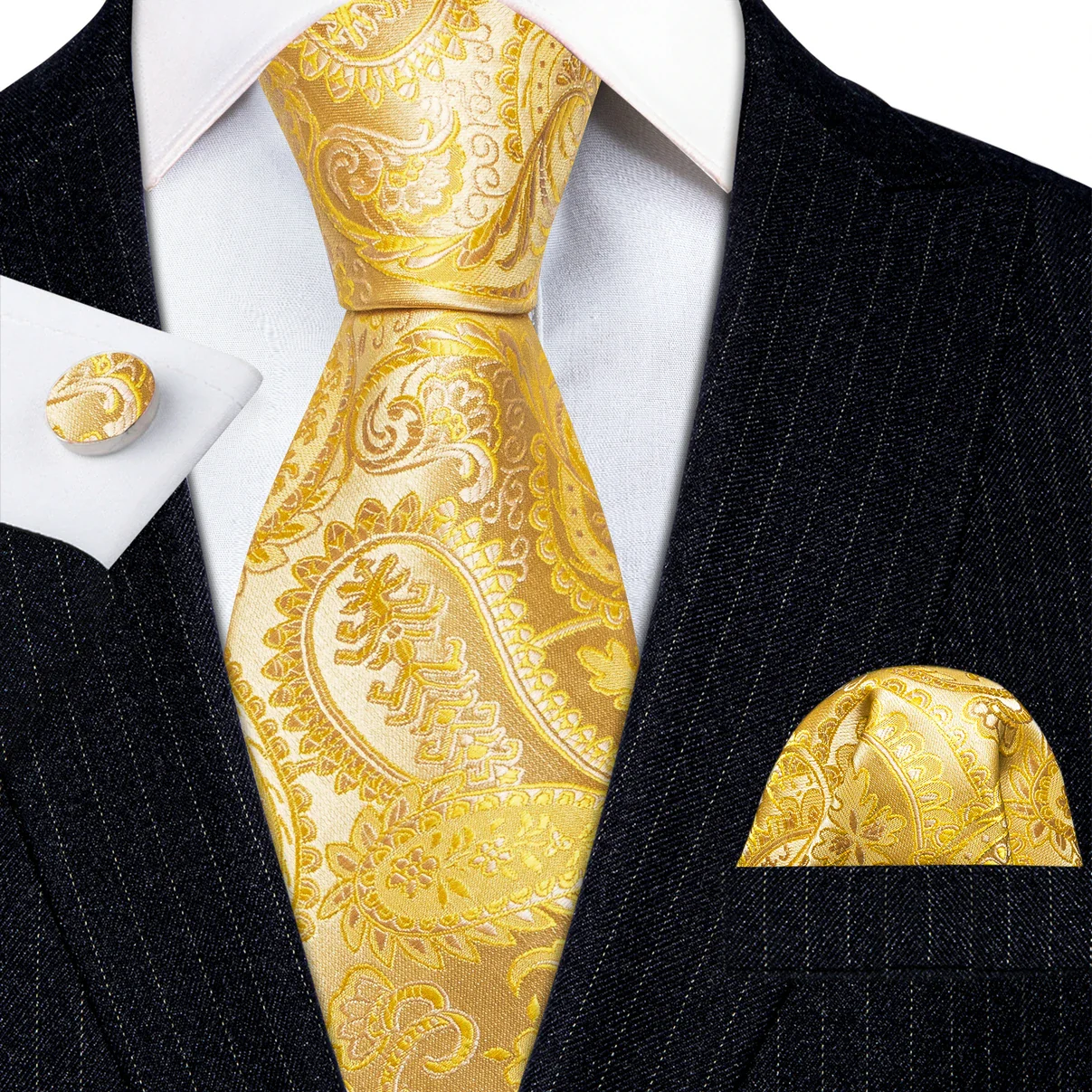 Barry.Wang Gold Silk Mens Tie Hanky Cufflinks Set Yellow Beige Orange Luxury Jacquard Necktie For Male Wedding Business Party - Image 68