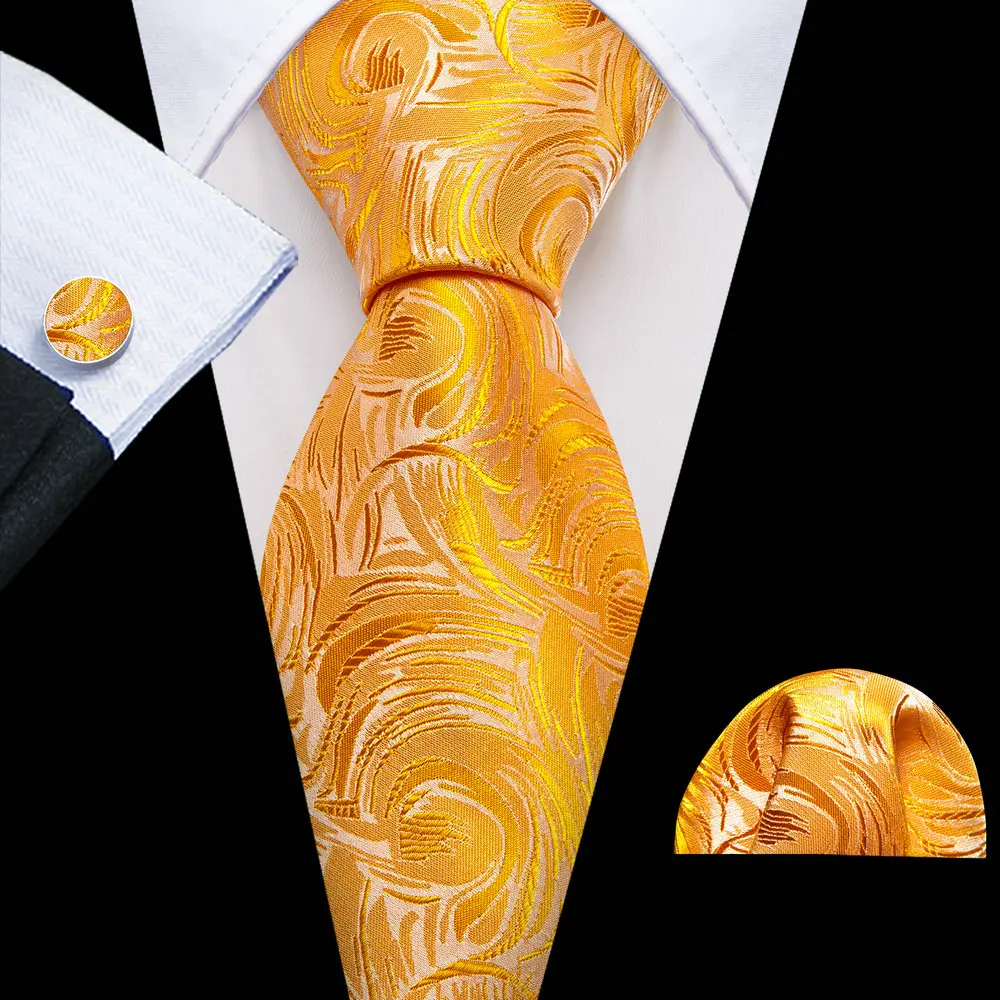 Barry.Wang Gold Silk Mens Tie Hanky Cufflinks Set Yellow Beige Orange Luxury Jacquard Necktie For Male Wedding Business Party - Image 69