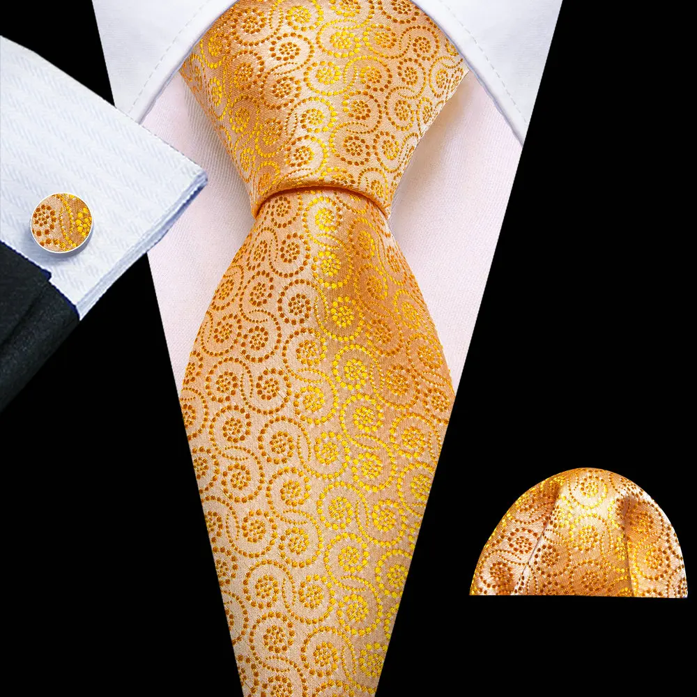 Barry.Wang Gold Silk Mens Tie Hanky Cufflinks Set Yellow Beige Orange Luxury Jacquard Necktie For Male Wedding Business Party - Image 79