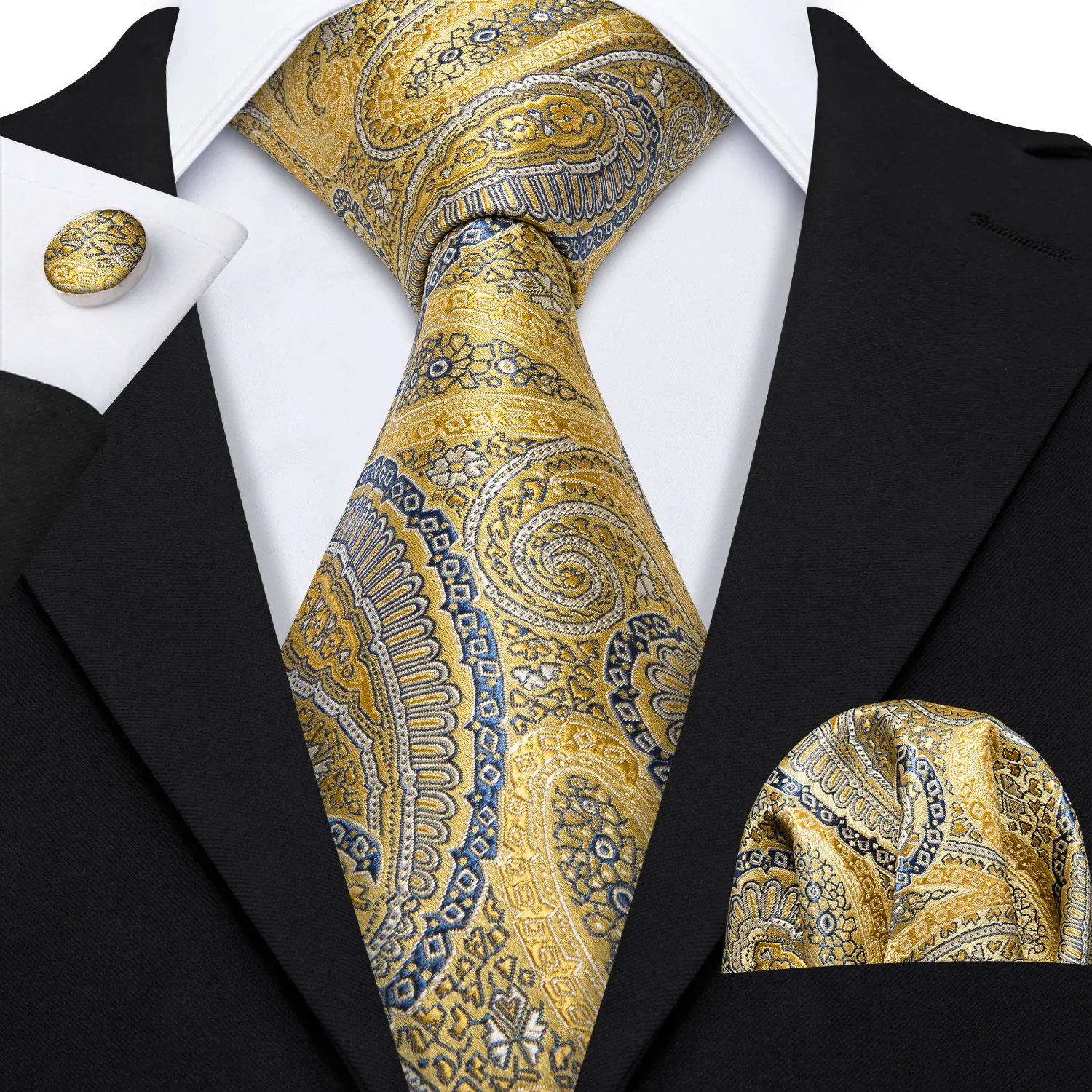 Barry.Wang Gold Silk Mens Tie Hanky Cufflinks Set Yellow Beige Orange Luxury Jacquard Necktie For Male Wedding Business Party - Image 80