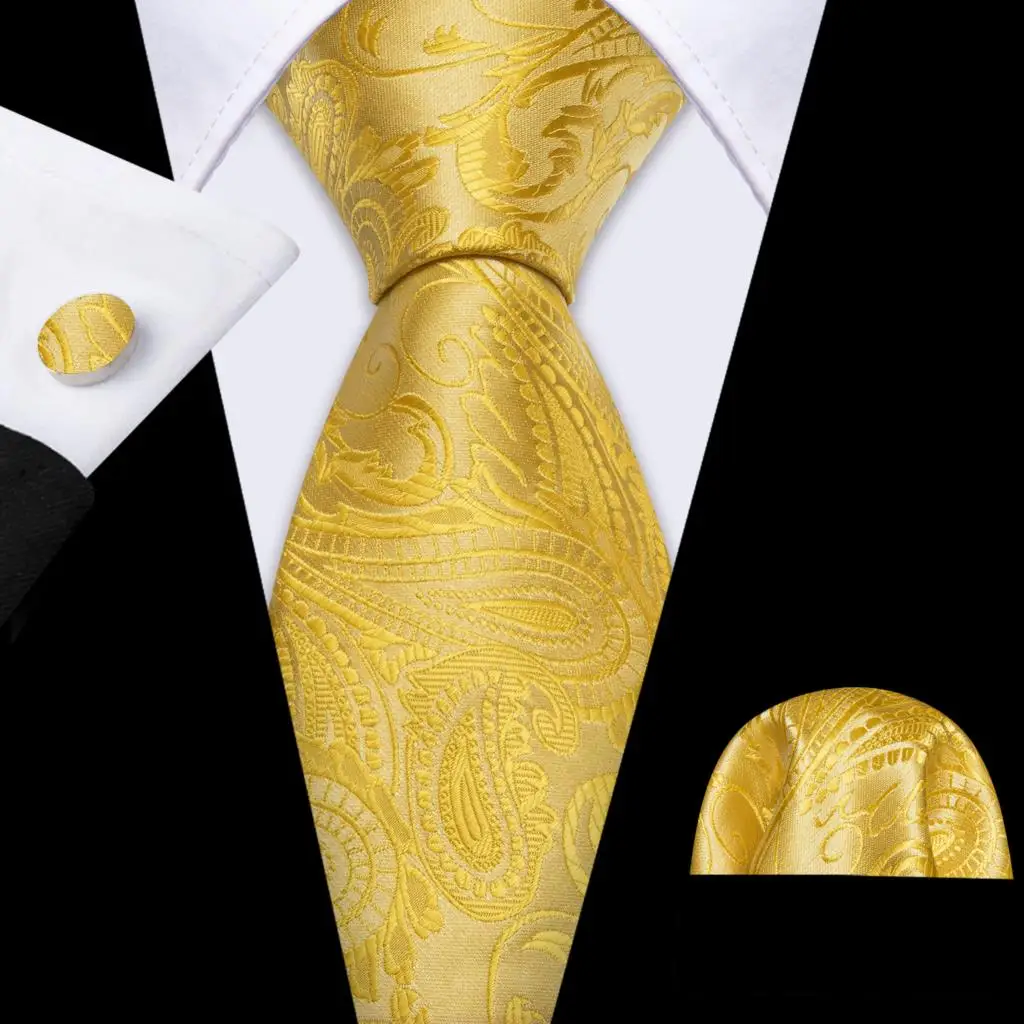 Barry.Wang Gold Silk Mens Tie Hanky Cufflinks Set Yellow Beige Orange Luxury Jacquard Necktie For Male Wedding Business Party - Image 81