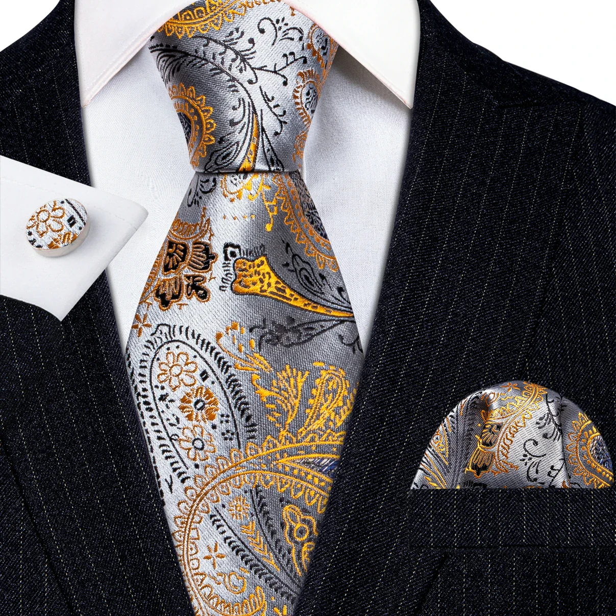 Barry.Wang Gold Silk Mens Tie Hanky Cufflinks Set Yellow Beige Orange Luxury Jacquard Necktie For Male Wedding Business Party - Image 86