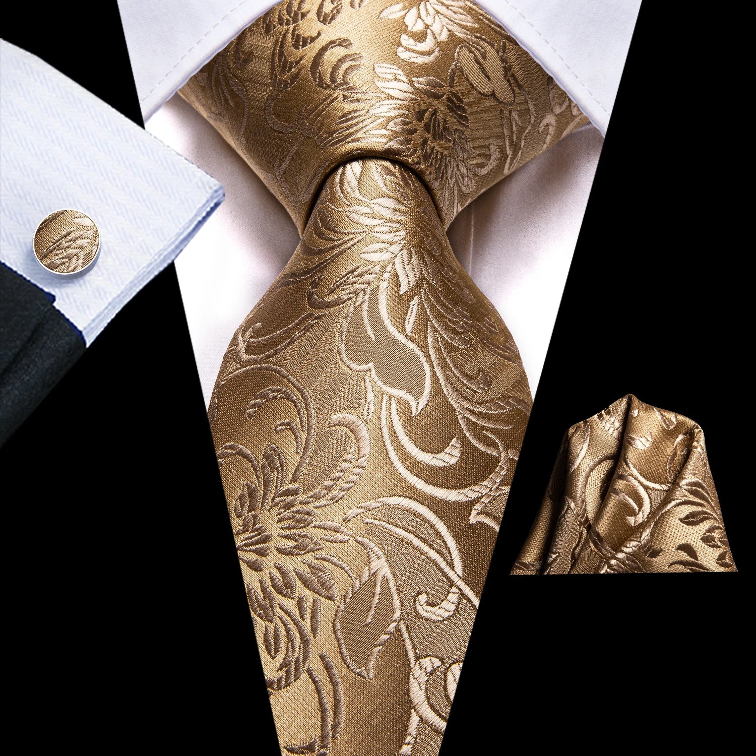 Barry.Wang Gold Silk Mens Tie Hanky Cufflinks Set Yellow Beige Orange Luxury Jacquard Necktie For Male Wedding Business Party - Image 87