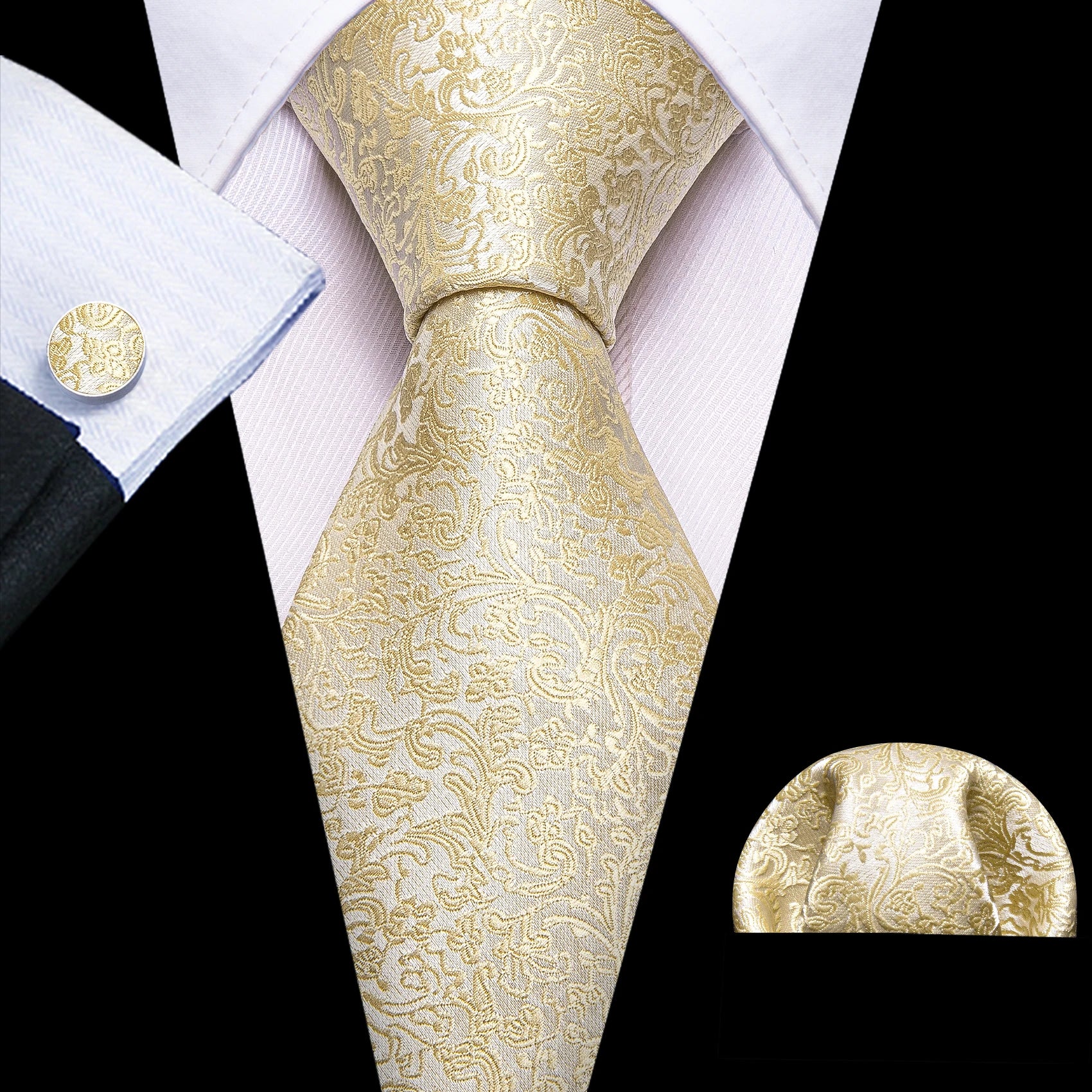 Barry.Wang Gold Silk Mens Tie Hanky Cufflinks Set Yellow Beige Orange Luxury Jacquard Necktie For Male Wedding Business Party - Image 90