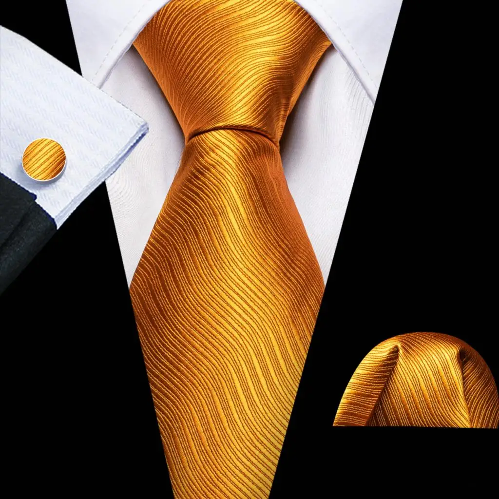 Barry.Wang Gold Silk Mens Tie Hanky Cufflinks Set Yellow Beige Orange Luxury Jacquard Necktie For Male Wedding Business Party - Image 93