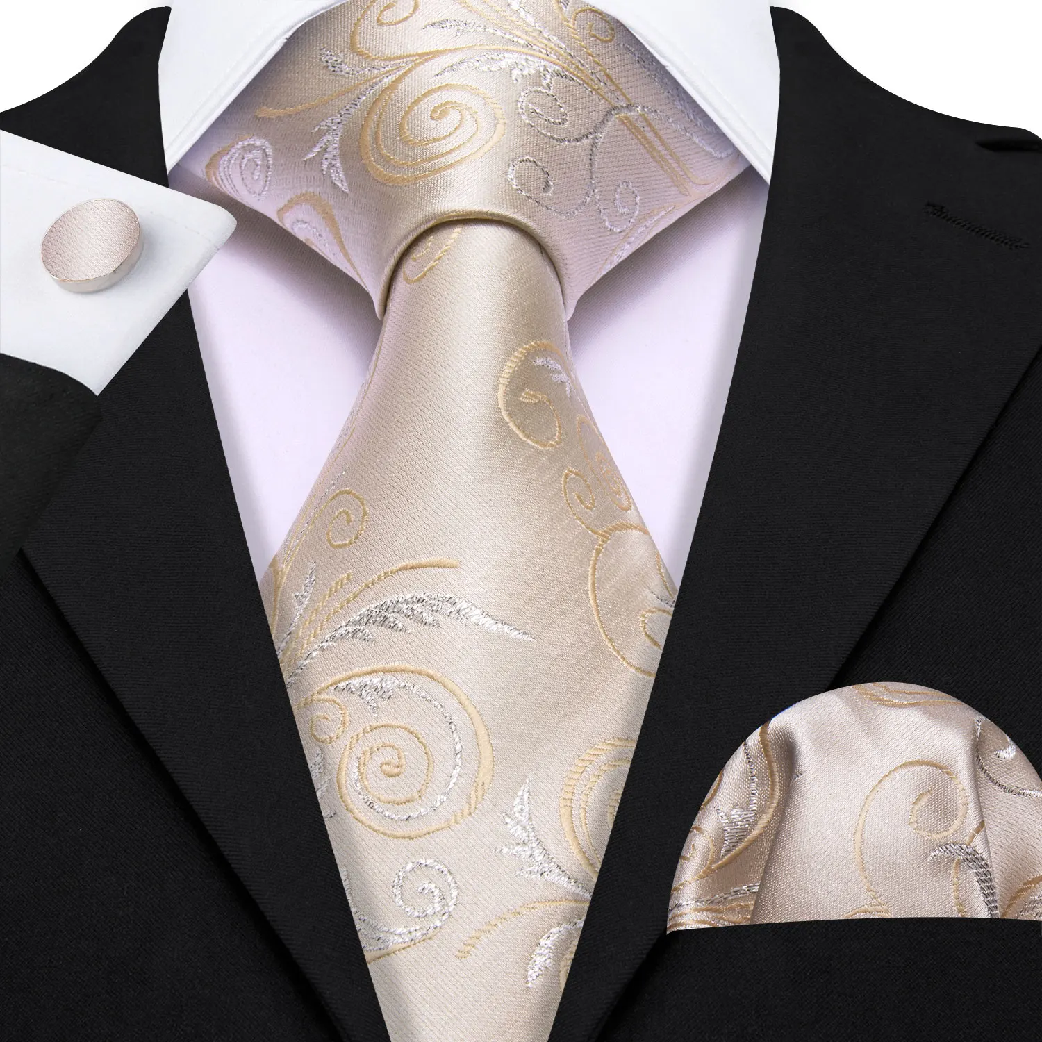 Barry.Wang Gold Silk Mens Tie Hanky Cufflinks Set Yellow Beige Orange Luxury Jacquard Necktie For Male Wedding Business Party - Image 94